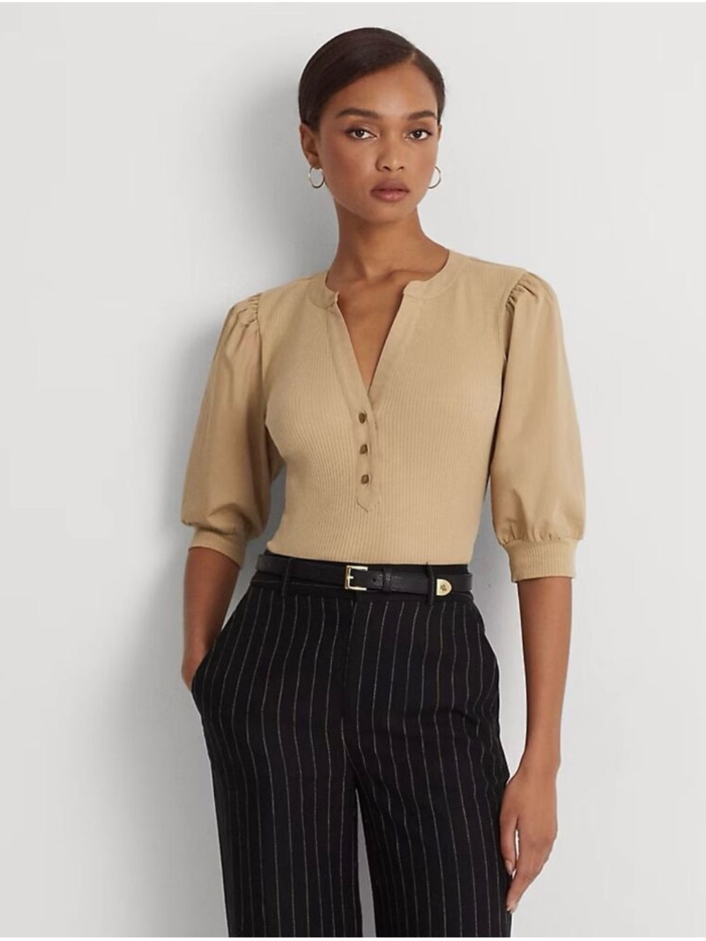 Lauren Ralph Lauren Tan Puff-Sleeve Cotton-Blend Henley Tee EUC